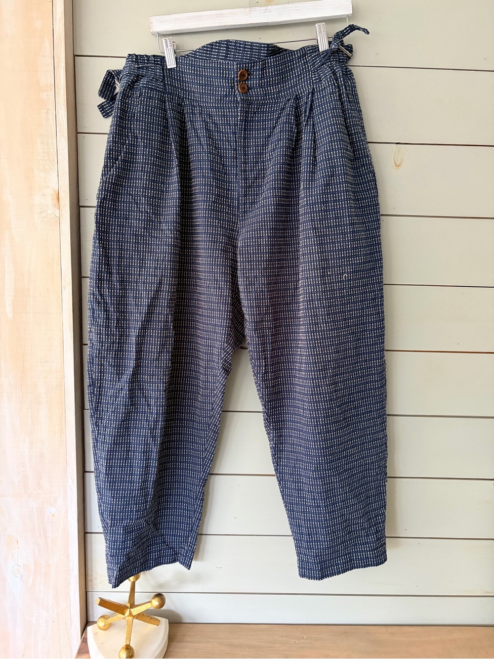 Handmade Blue Textured Cotton Paperbag Tapered Pants | Artisan Made | Size XL
